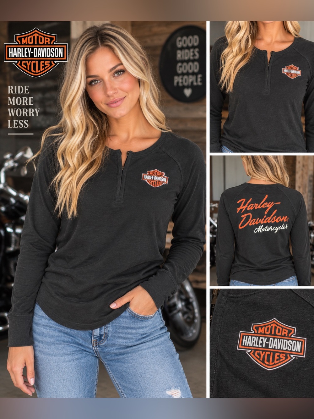 Harley-Davidson Black Long-Sleeve Henley with Orange Shield Logo